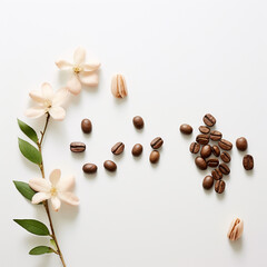 Gentle beige background with coffee beans. Coffee. Cafe. Light floral background. Minimalist style. Restaurants. Latte, cappuccino, espresso.