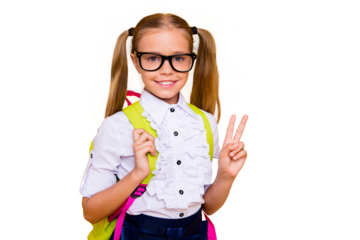 Ready back to school concept. Portrait of sweet blonde girl stands in half turn shows v-sign and  look at camera isolated on yellow background