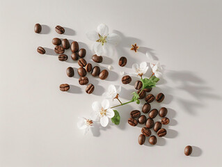 Gentle beige background with coffee beans. Coffee. Cafe. Light floral background. Minimalist style. Restaurants. Latte, cappuccino, espresso.