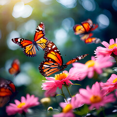 A bunch of butterflies that are on beautiful pink flowers nature spring blooming environment with blurred background
