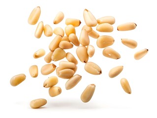 Flying delicious pine nuts against a white background