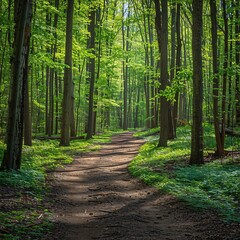 Obraz premium Serene Forest Path: A Sunlit Trail Through the Wilderness