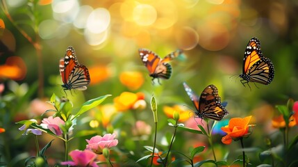 Monarch butterflies flit among colorful flowers in a lush garden.