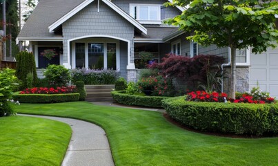 Fototapeta premium The front yard of a suburban home has a well-maintained lawn.