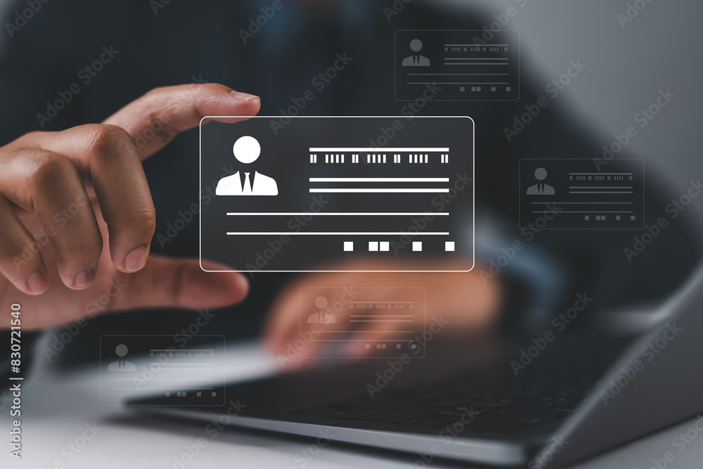 Aufkleber Digital identification or digital ID concept. Businessman use laptop and hand touch virtual screen of digital identification card to accessing databases by digital identity for cyber security.