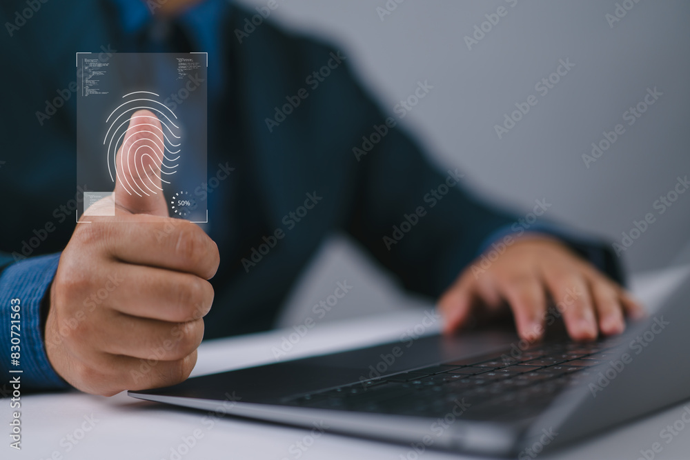 Poster Biometric cyber security system and access control concept. Businessman access security personal financial data on scan fingerprint identification.