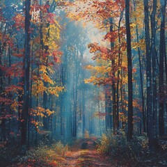 Autumnal Forest Path: A Scenic Woodland Walk Amidst Colorful Fall Foliage