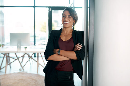 Business, woman and thinking with confidence in office with happiness for career in corporate advisory and management. Founder, entrepreneur and arms crossed with professionalism for consulting firm.