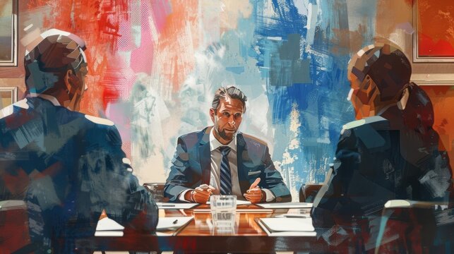 A banker meeting with clients, focus on, client consultation theme, vibrant, blend mode, conference room backdrop