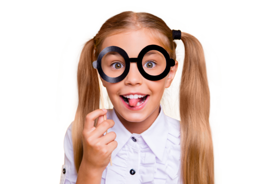 I do not want to go to school! Close up photo portrait of sweet funky small nice girl holding black big glasses on stick in hand tongue out looking at camera isolated bright color vivid background