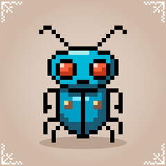 Beetle in 8 bit pixel art. Insect animals for game assets and cross stitch patterns in vector illustration.