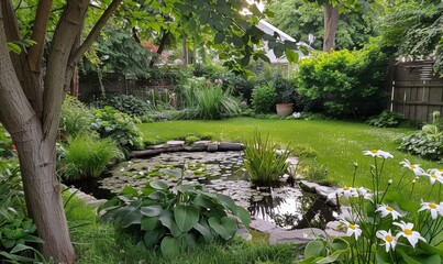 The cozy backyard has a small pond. Surrounded by lush greenery and blooming flowers.