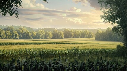A mature cornfield with a forest in the distance