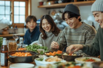 Plusieurs jeunes Cor&eacute;ens, hommes et femmes, cuisinent ensemble. Several young Korean men and womencooking together.