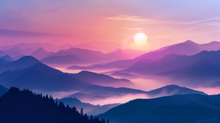 Obraz premium This is a beautiful landscape image of a mountain range at sunset. The sky and clouds are a vibrant pink and purple, and the sun is a bright yellow.