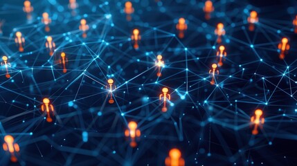 Obraz premium Abstract social network concept with glowing connections and people icons on dark blue background.