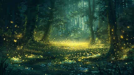 There are many fireflies in a dark forest, and the light from their abdomens illuminates the forest floor