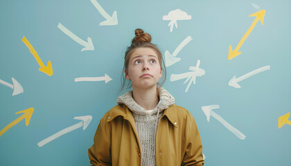 Choosing future profession. Teenager standing in front of drawn signs on light blue background