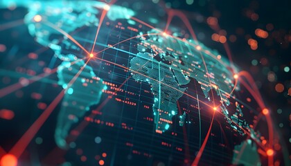 Abstract global network concept with world map and glowing connections, symbolizing connectivity across different countries