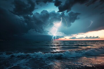 Summer storm over the sea with bolts of lightning at sunset.