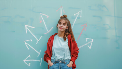 Choosing future profession. Teenager standing in front of drawn signs on light blue background