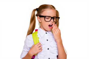 I do not care! Close up studio photo portrait of funky sweet small yawning girl with straight hairstyle ponytails wearing white blouse isolated bright vivid background
