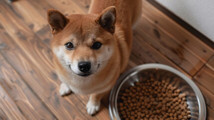 Shiba Inu Dog Standing Beside Bowl of Dry Food