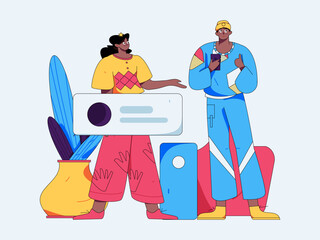 Virtual characters social communication concept business flat vector hand drawn illustration
