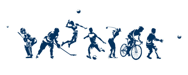 Sports, group of active people, isolated vector silhouettes. Men and women