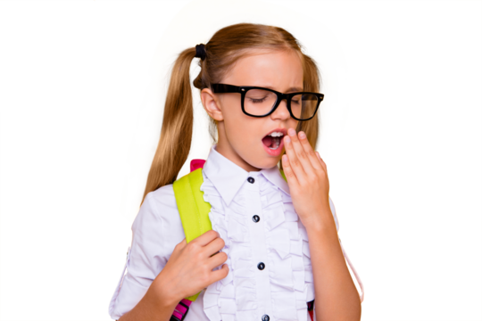 I do not care! Close up studio photo portrait of funky sweet small yawning girl with straight hairstyle ponytails wearing white blouse isolated bright vivid background