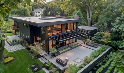 Obraz premium Aerial view of a modern house with a landscaped courtyard. pergola and garden beds