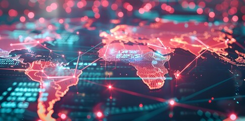 Abstract global network concept with world map and glowing connections, symbolizing connectivity across different countries