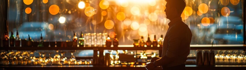 A bartender cleaning glasses, selective focus, closing time theme, surreal, silhouette, empty bar backdrop