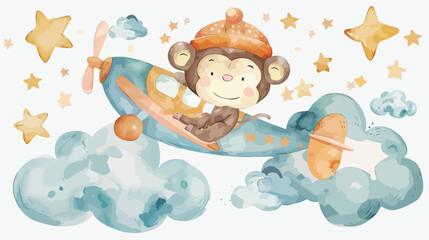 Watercolor illustration monkey in plane with clouds a