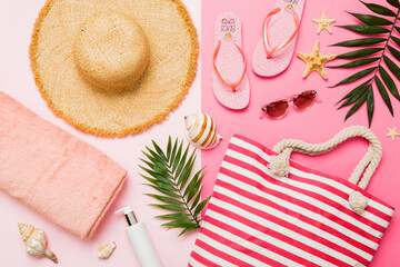 Composition with stylish beach accessories on colored background, top view. Beach fashion flat lay,...