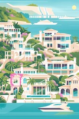 Illustration 2d de plusieurs &eacute;l&eacute;gantes demeures style Miami. A flat illustration of many elegant Miami mansions.