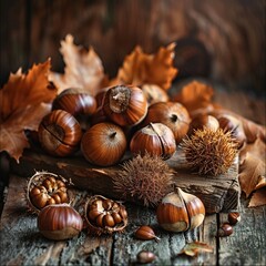 Autumn Harvest: A Collection of Nuts and Cones on a Rustic Table