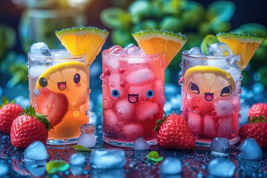 3 verres de sirop et jus avec des gla&ccedil;ons et des motifs rigolos dessus. 3 glasses of syrup and juice with ice cubes and fun designs on them.