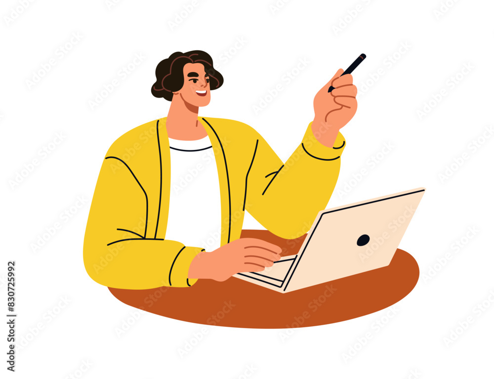 Poster Man at office desk with laptop. Happy employee working online, speaking, smiling and gesturing with hand. Office worker at notebook, table. Flat vector illustration isolated on white background