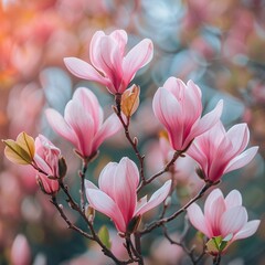Fototapeta premium Blossom Delight: Pink Flowering Branch Against Colorful Sky