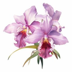 A cute water color of a Cattleya orchid, known for its large, fragrant flowers, in a tropical setting, Clipart isolated on white