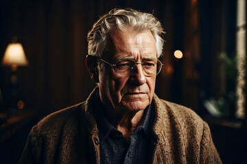 Fototapeta premium Elderly gentleman with glasses and a contemplative gaze in a warm-lit room