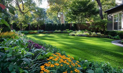Obraz premium Manicured lawns, colorful flowers. and trimmed hedgerows