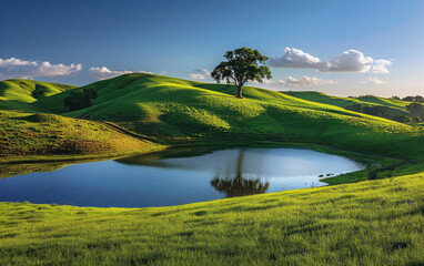Green hills, tree and lake. Created with Ai