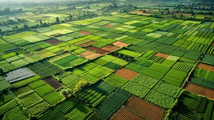 High-angle view of intricately patterned cultivation areas, highlighting the artistry in agricultural land use. The fields are divided into distinct sections with varying crop types, forming a mosaic