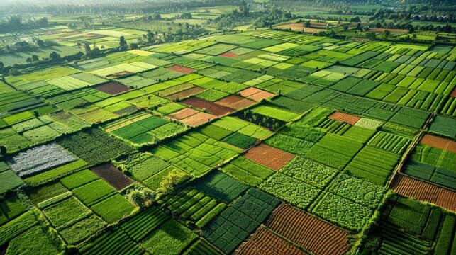 High-angle view of intricately patterned cultivation areas, highlighting the artistry in agricultural land use. The fields are divided into distinct sections with varying crop types, forming a mosaic