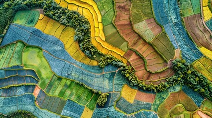 Aerial view showcasing distinctively patterned cultivation areas in a rural landscape. The fields display intricate geometric patterns created by different crops and natural features, highlighting