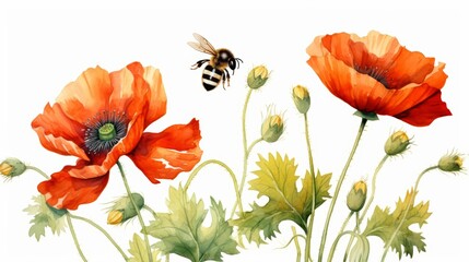 Fototapeta premium A cute water color of a poppyseed flower, with tiny delicate petals, growing in a meadow, visited by bees, Clipart isolated on white