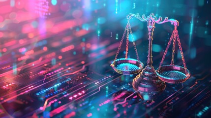 Digital scales of justice on a digital background, representing the cyber law concept.