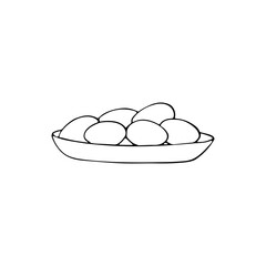 Eggs in a plate sketch. Hand-drawn farming food. Fresh eggs, outline icons. Rural natural bird farming. Poultry business.